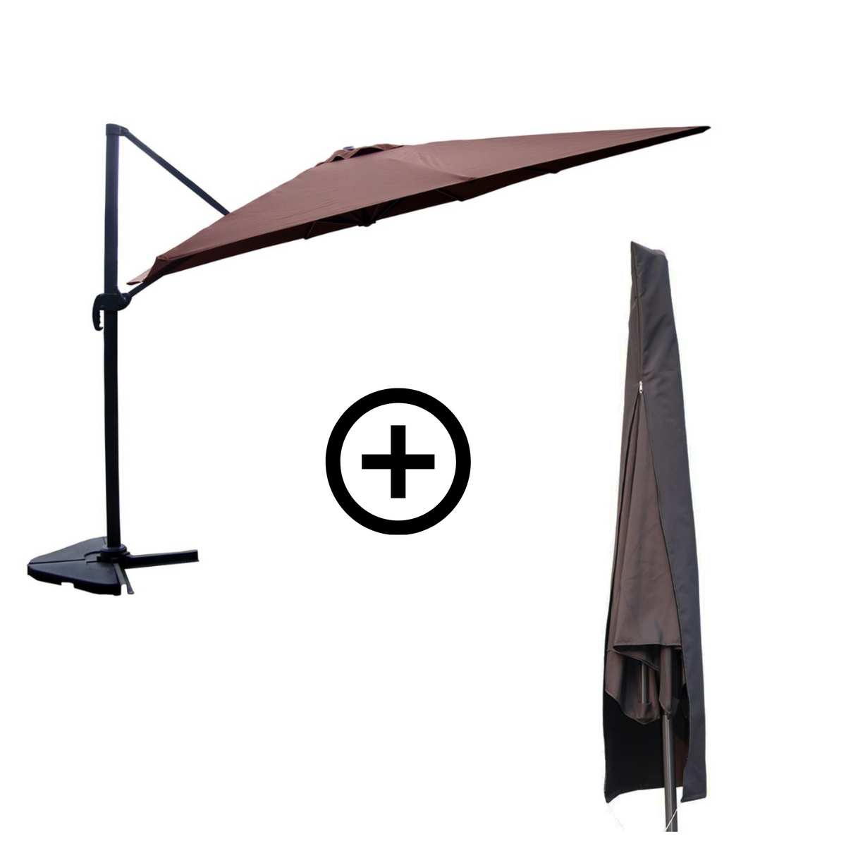 Bundle parasol rectangulaire 3x4m déporté rotatif chocolat en aluminium + housse Cesare présentation du lot