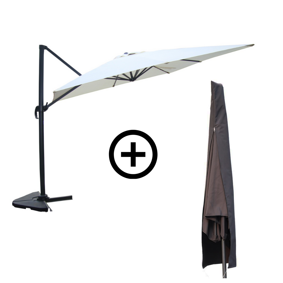 Bundle parasol rectangulaire 3x4m déporté rotatif écru en aluminium + housse Cesare présentation du lot