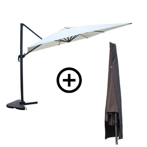 Bundle parasol rectangulaire 3x4m déporté rotatif écru en aluminium + housse Cesare présentation du lot