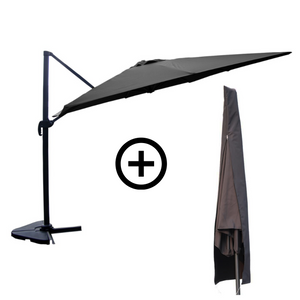 Bundle parasol rectangulaire 3x4m déporté rotatif gris en aluminium + housse Cesare présentation du lot