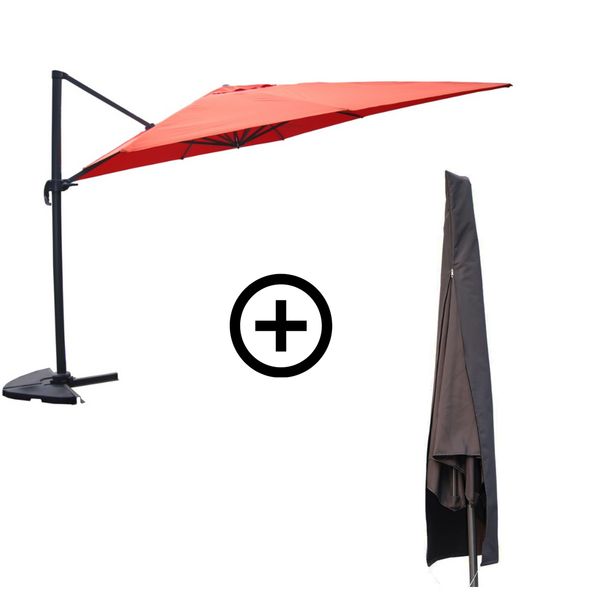 Bundle parasol rectangulaire 3x4m déporté rotatif terracotta en aluminium + housse Cesare présentation du lot