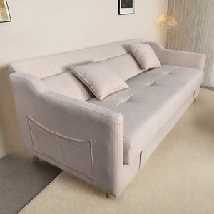 Canapé convertible avec coffre en velours côtelé beige 3 places Adare avec poche de rangement sur le côté
