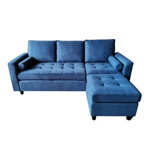 Canapé 3 places en velours bleu avec pouf packshot
