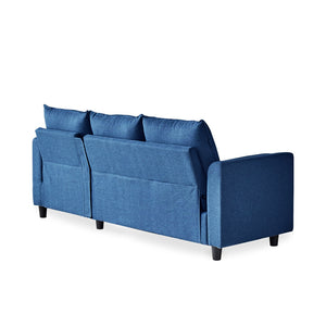 Canapé 3 places en velours bleu avec pouf vue de dos