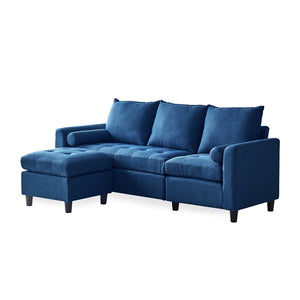Canapé 3 places en velours avec pouf bleu Coventry sur fond blanc de 3/4