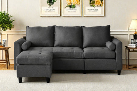 Canapé 3 places en velours avec pouf gris foncé Coventry photo d'ambiance