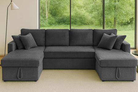 Canapé-lit panoramique avec coffres 4 places en velours côtelé gris Mahé vue de face