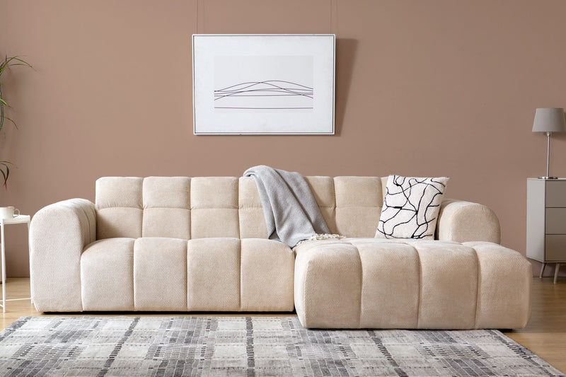 Canapé d'angle 3 places nuage en velours beige Salford photo d'ambiance