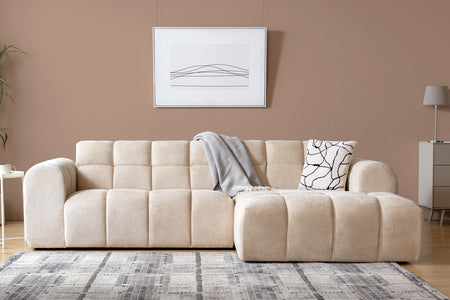 Canapé d'angle 3 places nuage en velours beige Salford photo d'ambiance