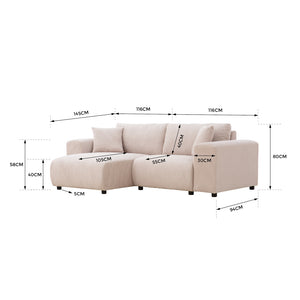 Canapé d'angle modulable 3 places en velours côtelé beige Aberdeen dimensions