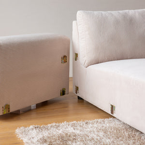 Canapé d'angle modulable 3 places en velours côtelé beige Aberdeen zoom sur les fixations des accoudoirs
