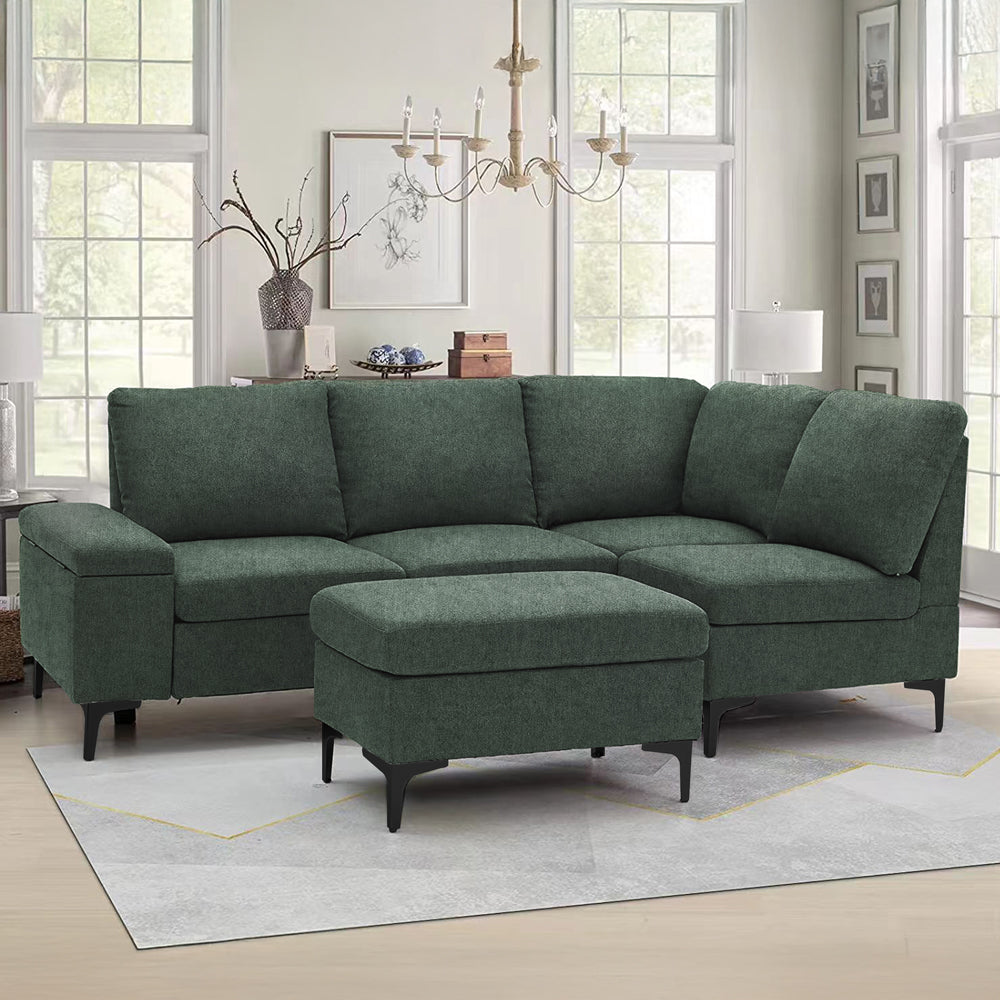 Canapé d'angle 4/5 places en tissu chenille vert avec pouf et espace de rangement Colchester mise en situation