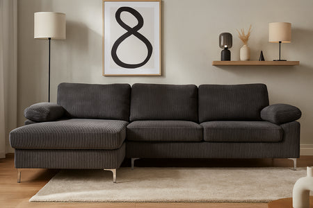 Canapé d'angle 4-5 places méridienne gauche velours côtelé gris anthracite Galway photo d'ambiance