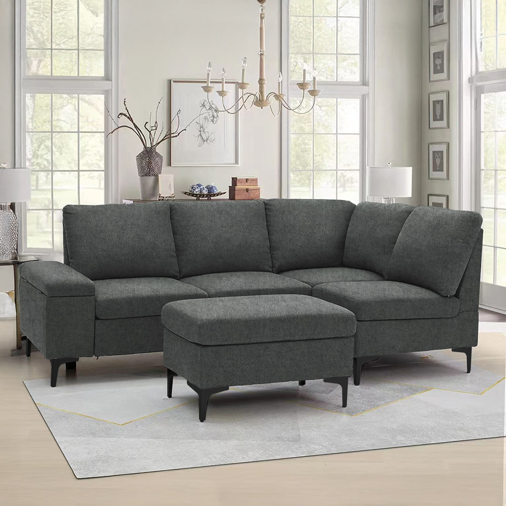 Canapé d'angle 4/5 places en tissu chenille gris anthracite avec pouf et espace de rangement Colchester mise en situation