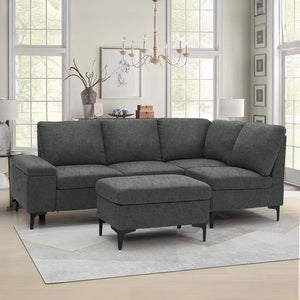 Canapé d'angle 4/5 places en tissu chenille gris anthracite avec pouf et espace de rangement Colchester mise en situation