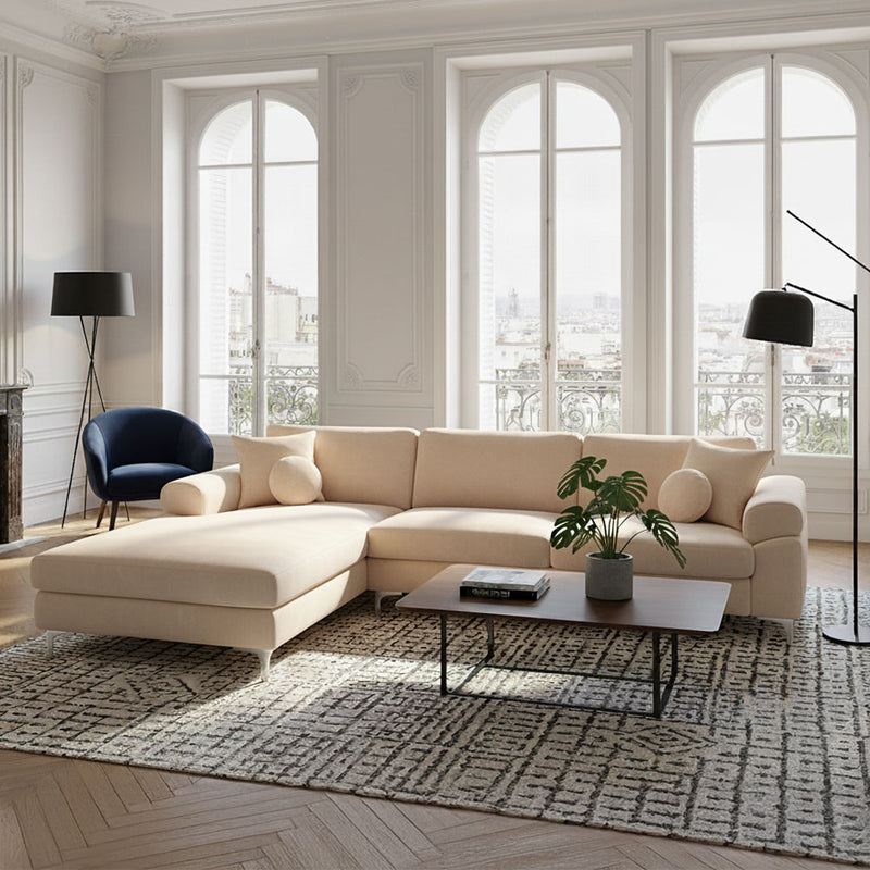 Canapé d'angle gauche 4-5 places velours beige Galway mise en situation