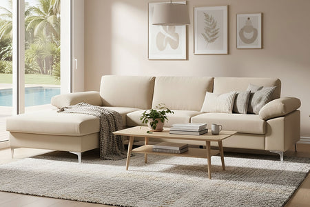 Canapé d'angle gauche 4-5 places velours beige Galway photo d'ambiance