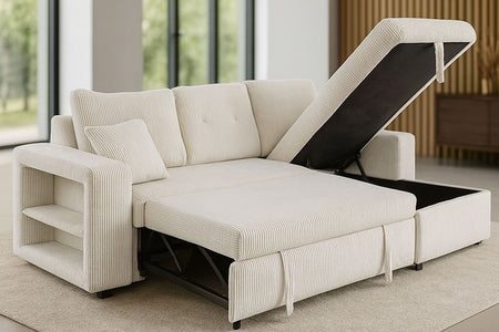 Canapé d'angle convertible 4 places avec coffre en velours côtelé beige Glasgow photo mise en situation