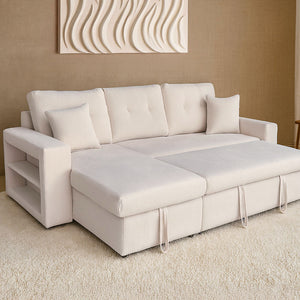 Canapé d'angle convertible 4 places avec coffre en velours côtelé beige Glasgow en configuration lit
