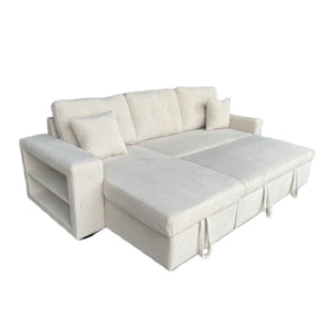 Canapé d'angle convertible 4 places avec coffre en velours côtelé beige Glasgow packshot configuration lit