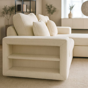 Canapé d'angle convertible 4 places avec coffre en velours côtelé beige Glasgow avec rangements intégrés