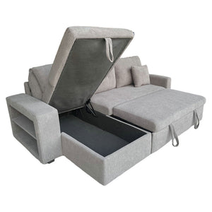 Canapé d'angle convertible 4 places avec coffre en velours côtelé gris Glasgow packshot coffre ouvert