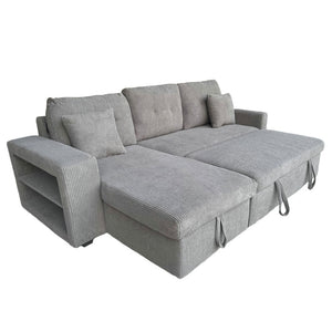 Canapé d'angle convertible 4 places avec coffre en velours côtelé gris Glasgow packshot configuration couchage