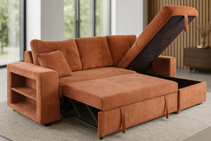Canapé d'angle convertible 4 places avec coffre en velours côtelé terracotta Glasgow mise en situation