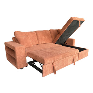 Canapé d'angle convertible 4 places avec coffre en velours côtelé terracotta Glasgow packshot avec coffre ouvert