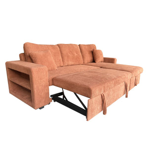 Canapé d'angle convertible 4 places avec coffre en velours côtelé terracotta Glasgow packshot configuration lit