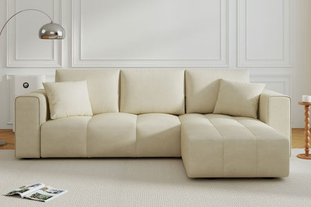 Canapé d'angle convertible 4 places avec coffre en velours Brighton beige ambiance