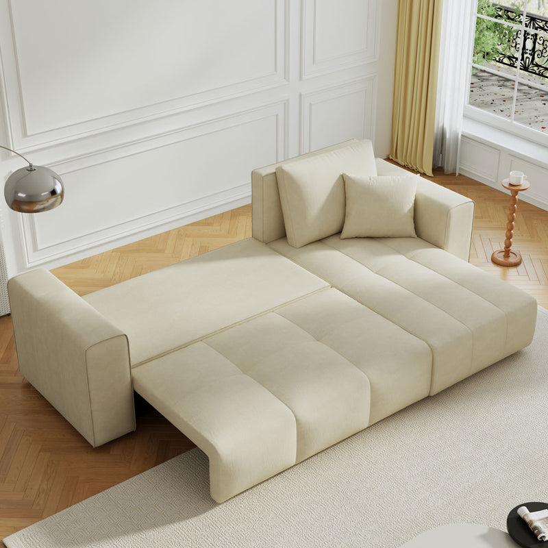 Canapé d'angle convertible 4 places avec coffre en velours Brighton beige conformation lit