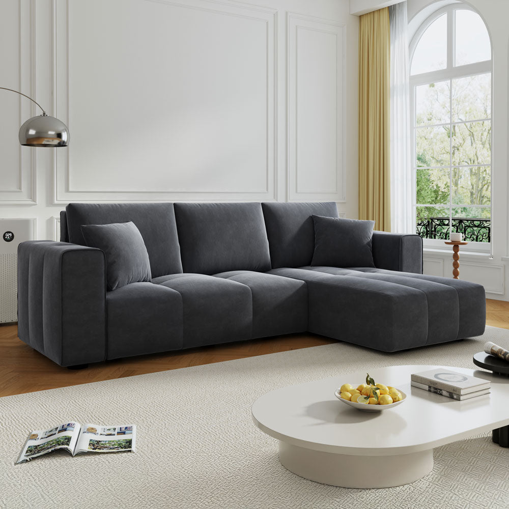 Canapé d'angle convertible 4 places avec coffre en velours Brighton gris anthracite vue de 3/4