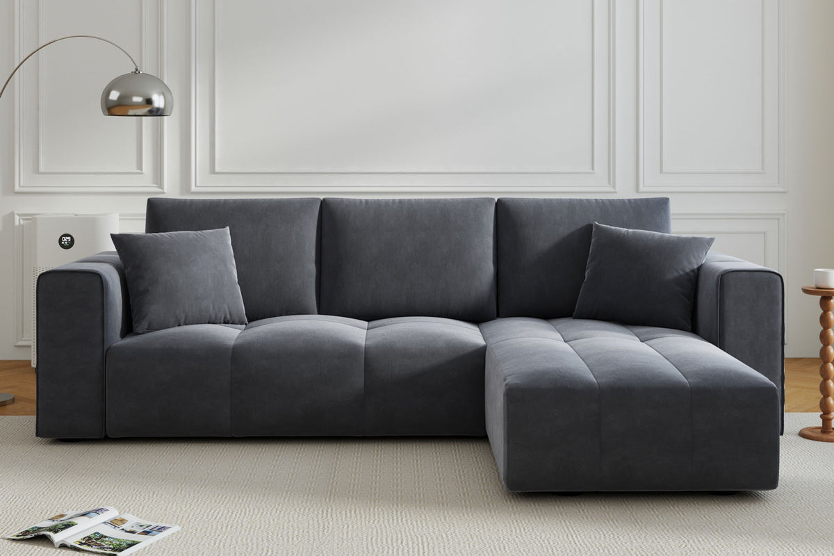 Canapé d'angle convertible 4 places avec coffre en velours Brighton gris anthracite méridienne à droite