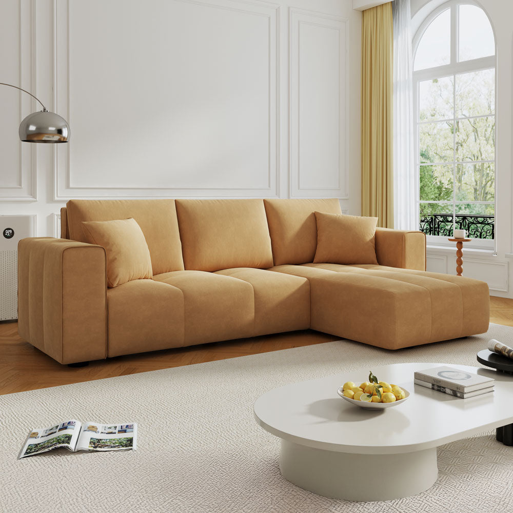 Canapé d'angle convertible 4 places avec coffre en velours Brighton jaune  moutarde lifestyle