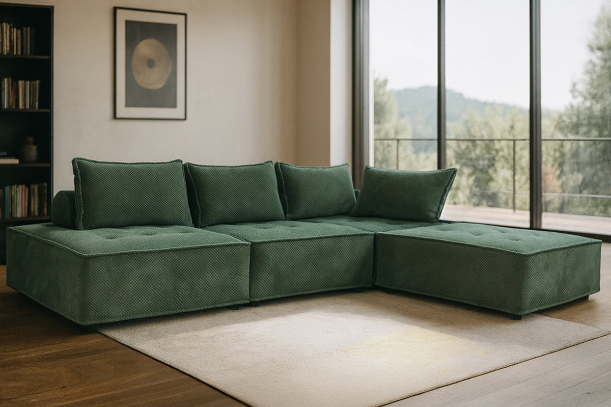 Canapé d'angle modulable 4 places en velours texturé vert Stava photo d'ambiance