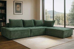 Canapé d'angle modulable 4 places en velours texturé vert Stava photo d'ambiance