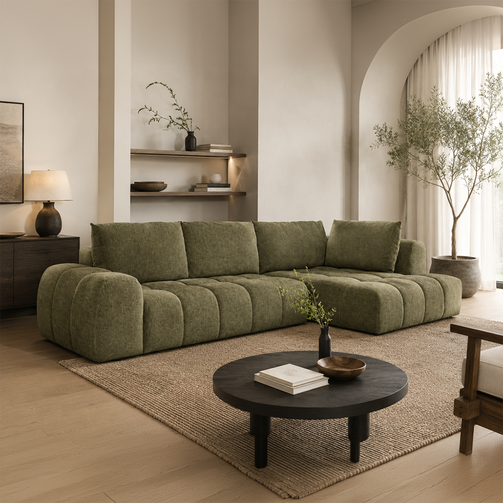 Canapé d'angle nuage 5 places en tissu chenille vert CHESTER