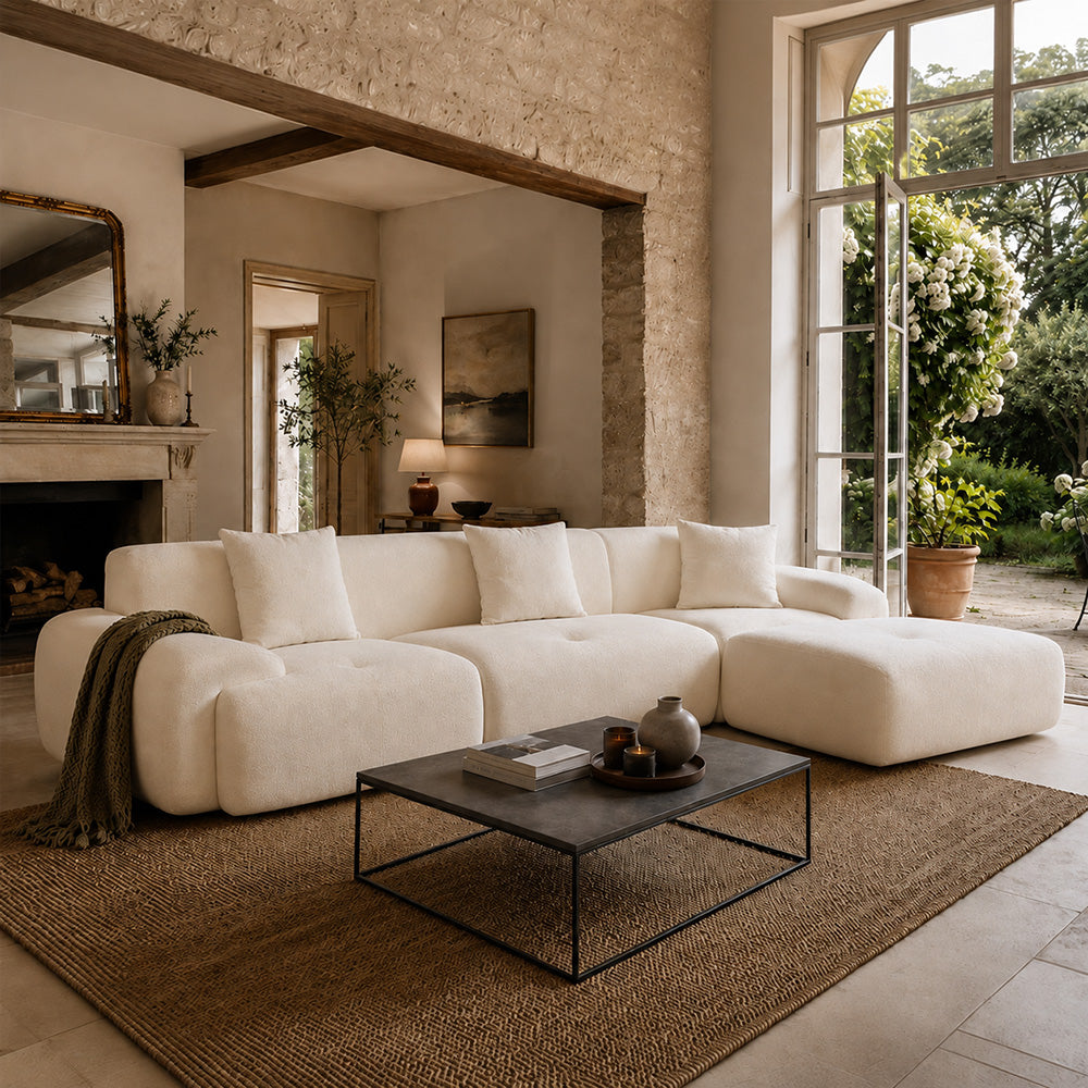 Canapé nuage compressé modulable en tissu chenille blanc cassé 4/5 places SHEFFIELD