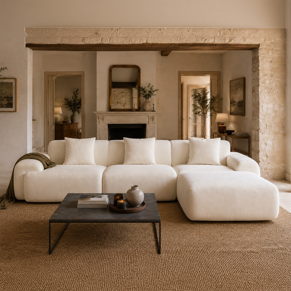 Canapé nuage compressé modulable en tissu chenille beige 4/5 places SHEFFIELD