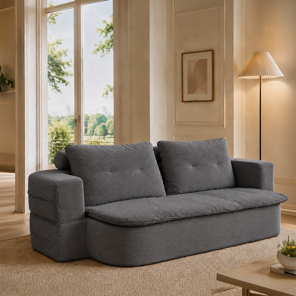 Canapé compressé convertible 2/3 places + couette en velours côtelé gris foncé