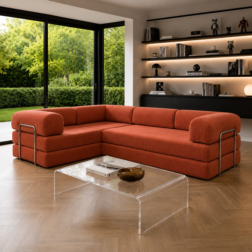 Canapé compressé 5 places à mémoire de forme en velours côtelé terracotta BARRY