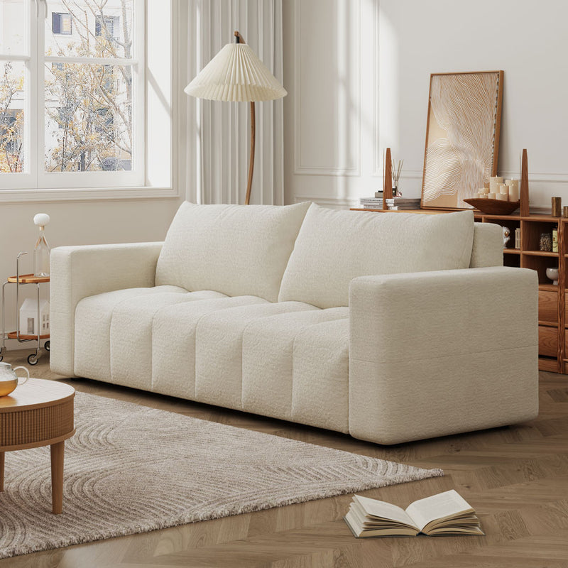 Canapé-lit 3 places avec coffre en bouclette Canterbury beige mise en situation