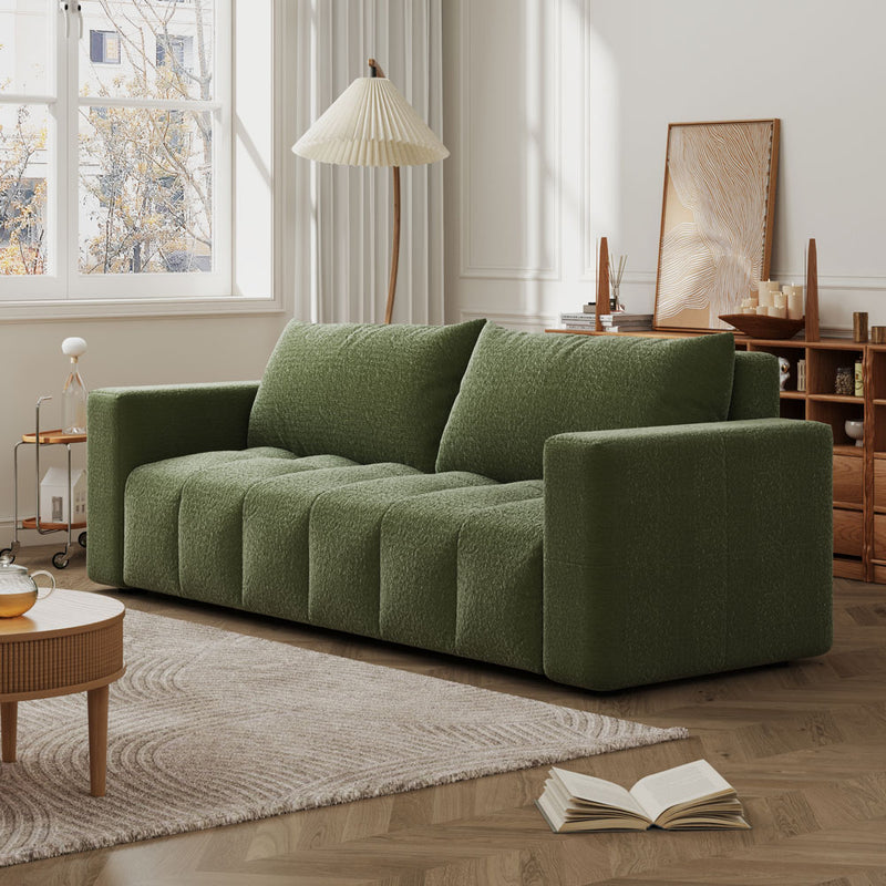 Canapé convertible 3 places avec coffre en bouclette Canterbury vert mise en situation