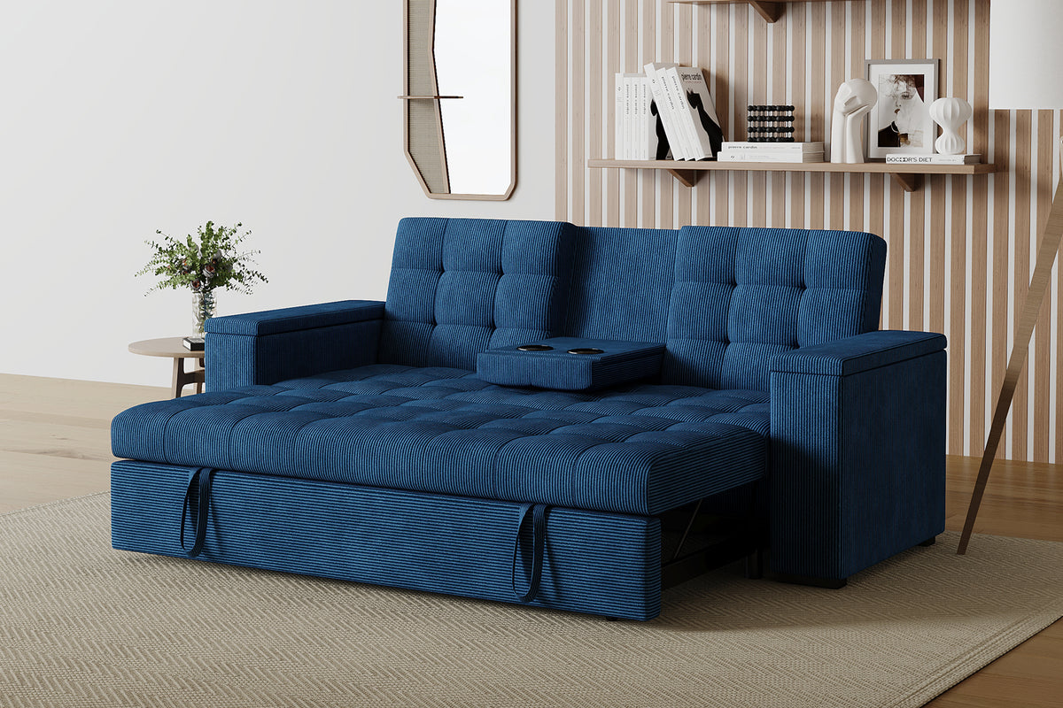 Canapé 3 places couchage avec tablette centrale et accoudoirs amovibles bleu velours côtelé Noho photo d'ambiance
