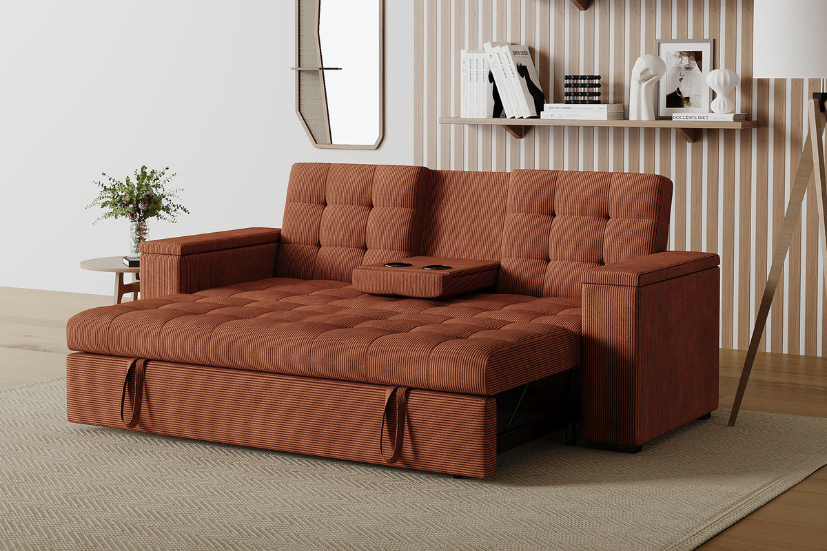 Canapé 3 places couchage avec tablette centrale et accoudoirs amovibles terracotta velours côtelé Noho photo d'ambiance