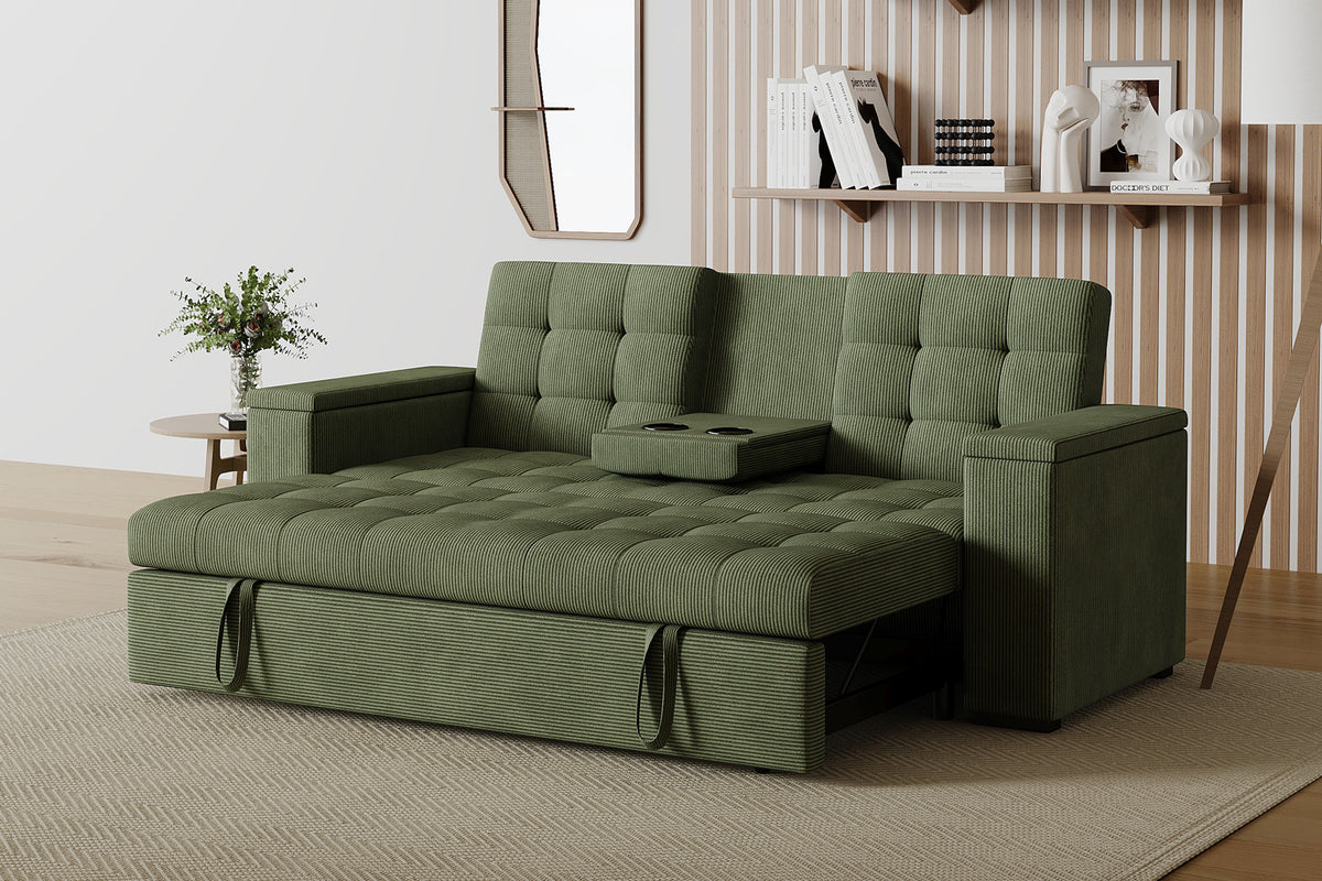 Canapé 3 places couchage avec tablette centrale et accoudoirs amovibles vert velours côtelé Noho photo d'ambiance