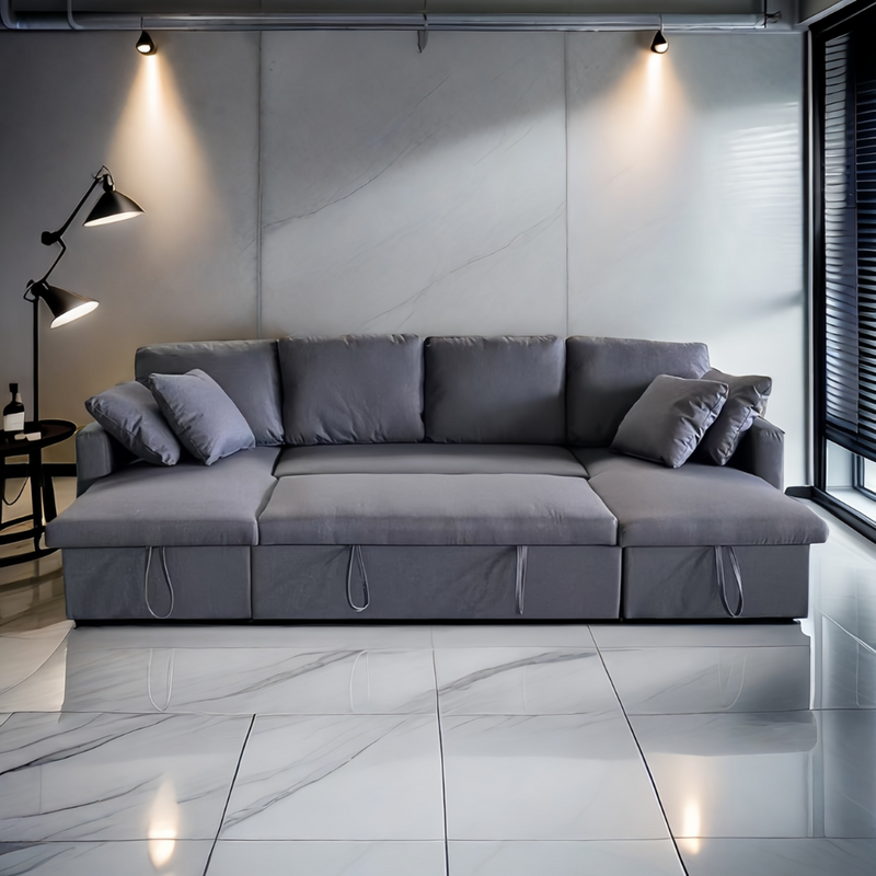 canapé d'angle gris foncé mahé ambiance lumières allumées concept usine