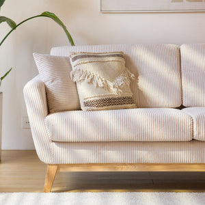 Canapé scandinave beige en velours côtelé Hoga 3 places zoom côté avec piètement en bois