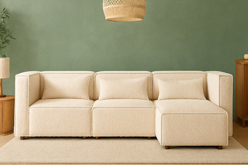 Canapé modulable 3 places bouclette beige avec pouf Modular photo d'ambiance